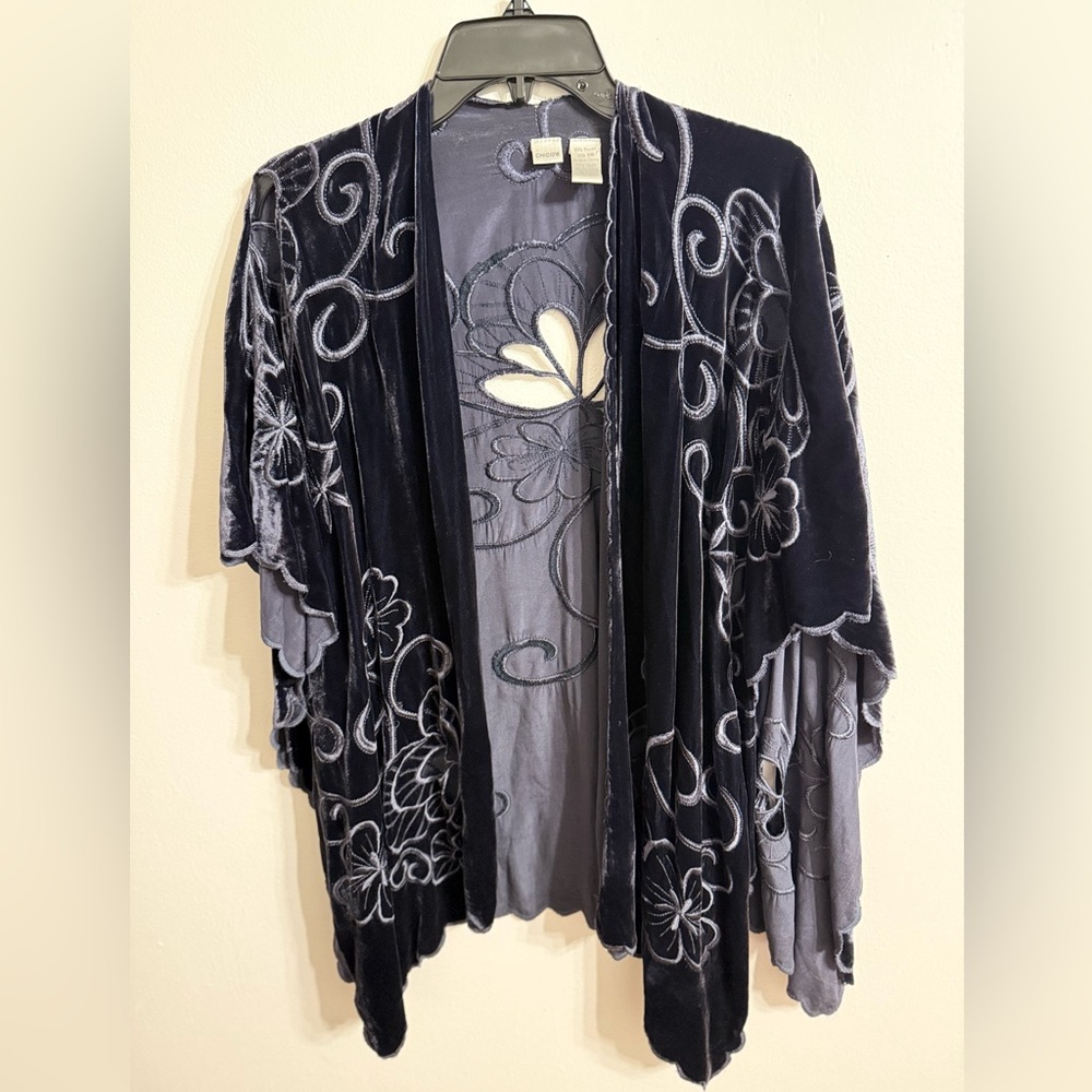 Chico's Dark Blue Velvet Burnout Whimsygoth Kimono/shawl Floral Cutout